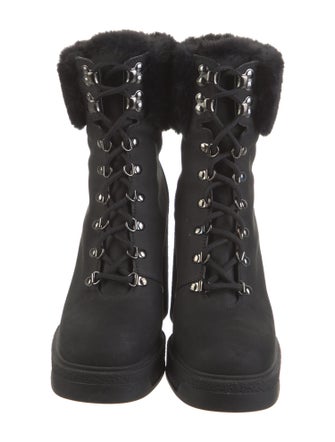 Moncler Suede Faux Fur Trim Lace-Up Boots
