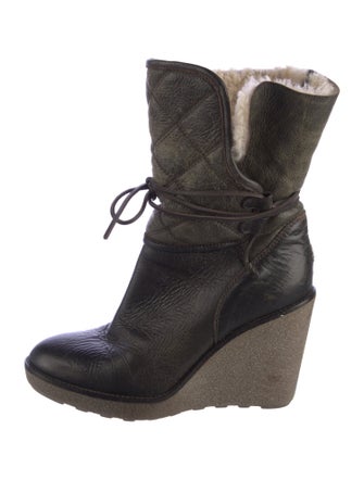 Moncler Leather Fur Trim Lace-Up Boots