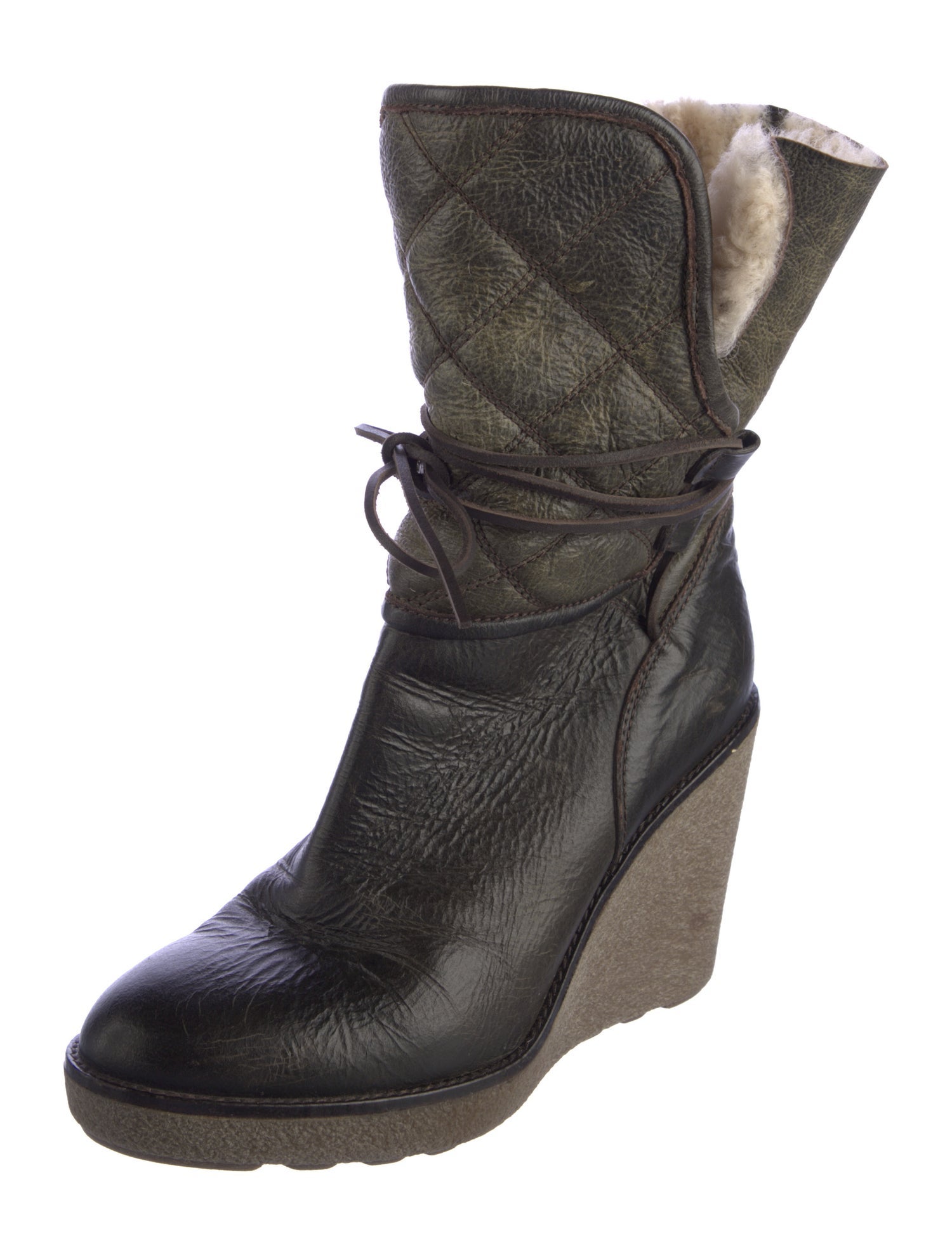 Moncler Leather Fur Trim Lace-Up Boots