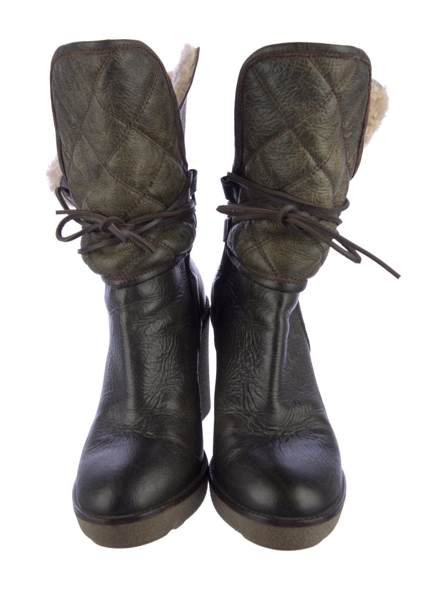 Moncler Leather Fur Trim Lace-Up Boots