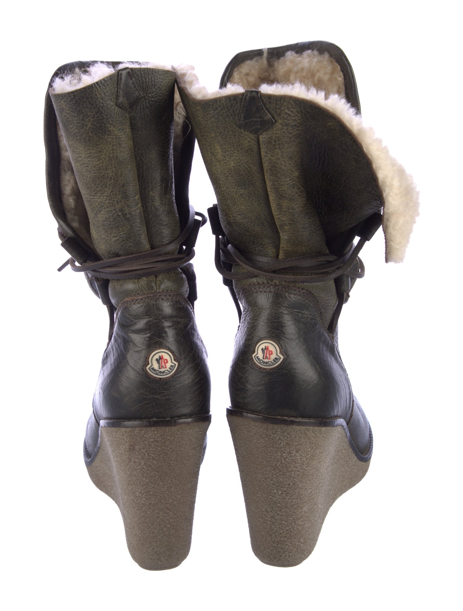 Moncler Leather Fur Trim Lace-Up Boots
