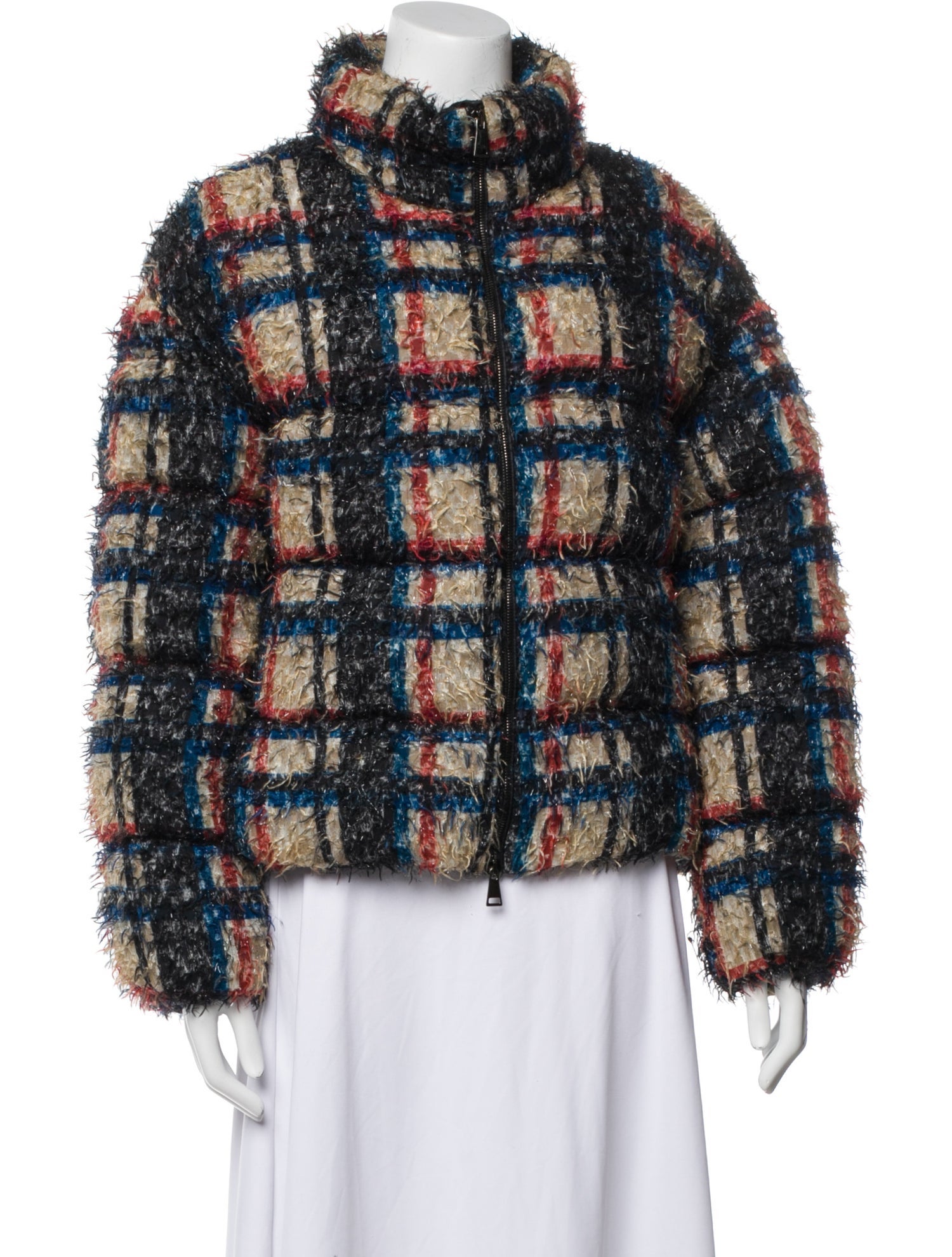 Moncler Silk Plaid Print Faux Fur Jacket