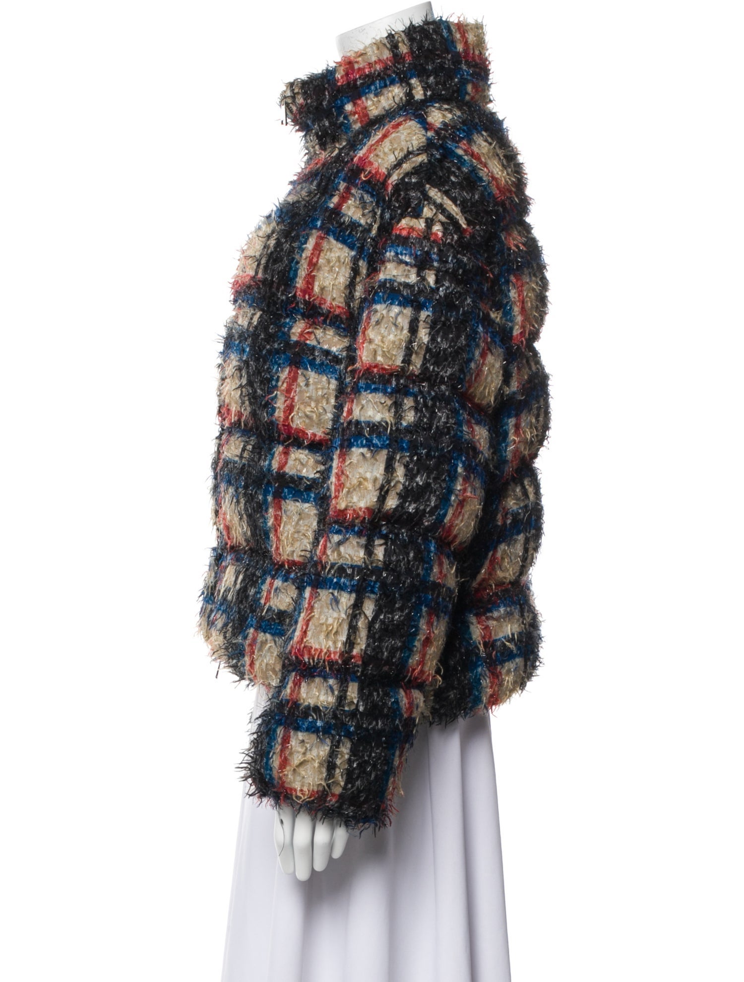 Moncler Silk Plaid Print Faux Fur Jacket