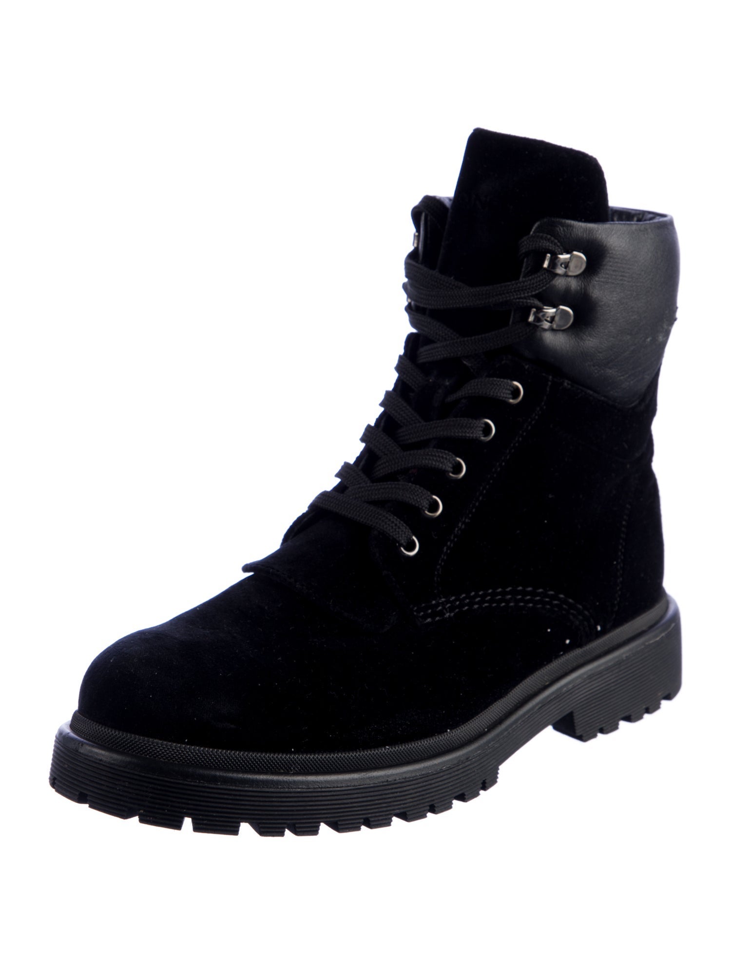 Moncler Velvet Leather Trim Embellishment Combat Boots