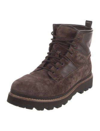 Moncler Suede Embroidered Accent Lace-Up Boots