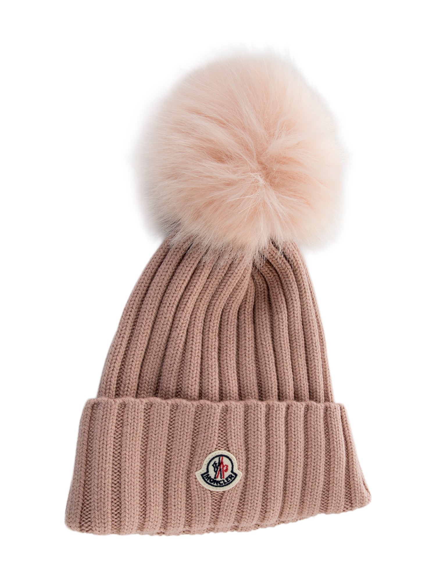 Moncler Pink virgin wool knit beanie with fuzzy pom pom w/Tags