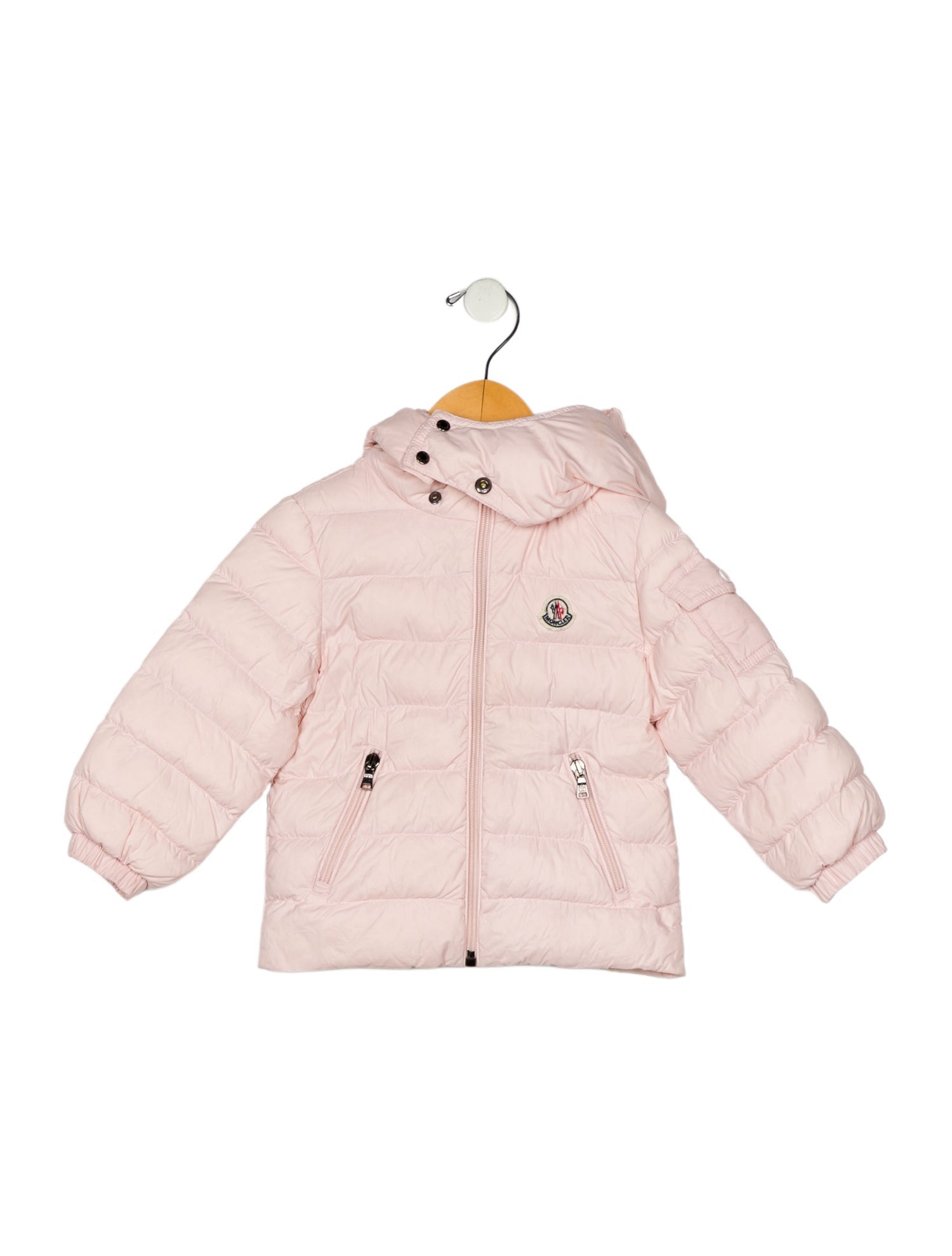 Moncler girls pink goose down puffer jacket with exposed zip closure 0-24 months