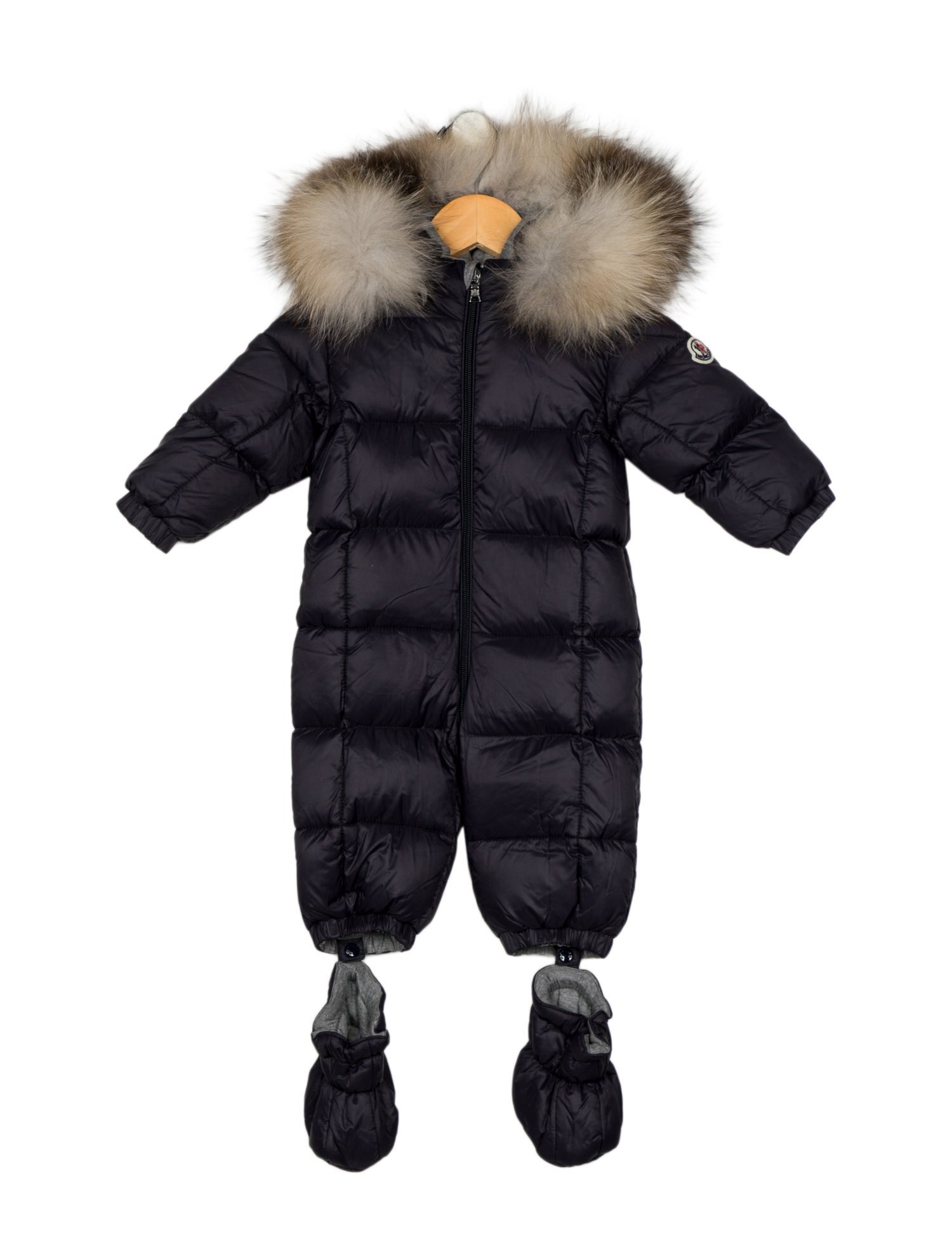Moncler Blue puffer one-piece with zip closure and fur trimmed hood
