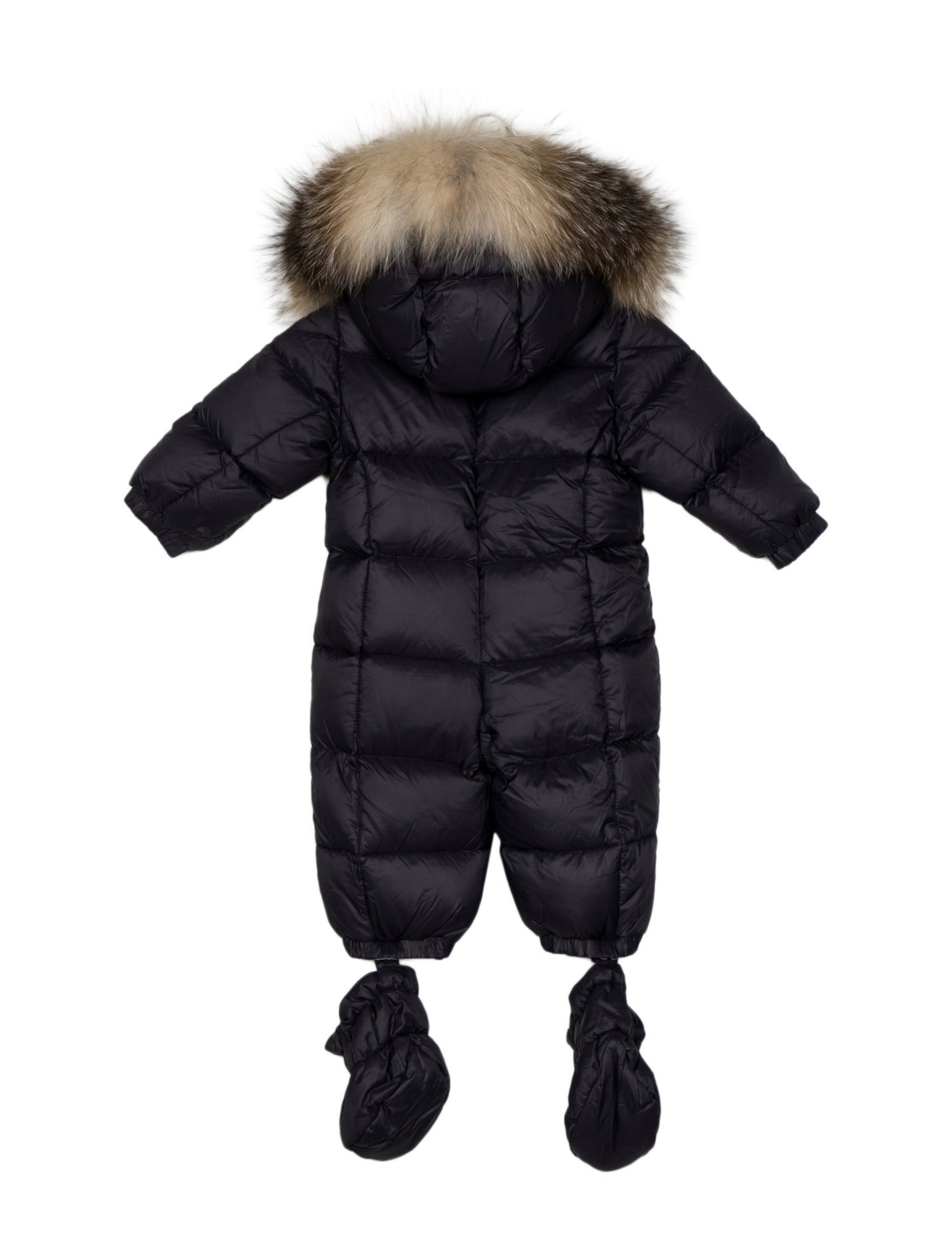 Moncler Blue puffer one-piece with zip closure and fur trimmed hood