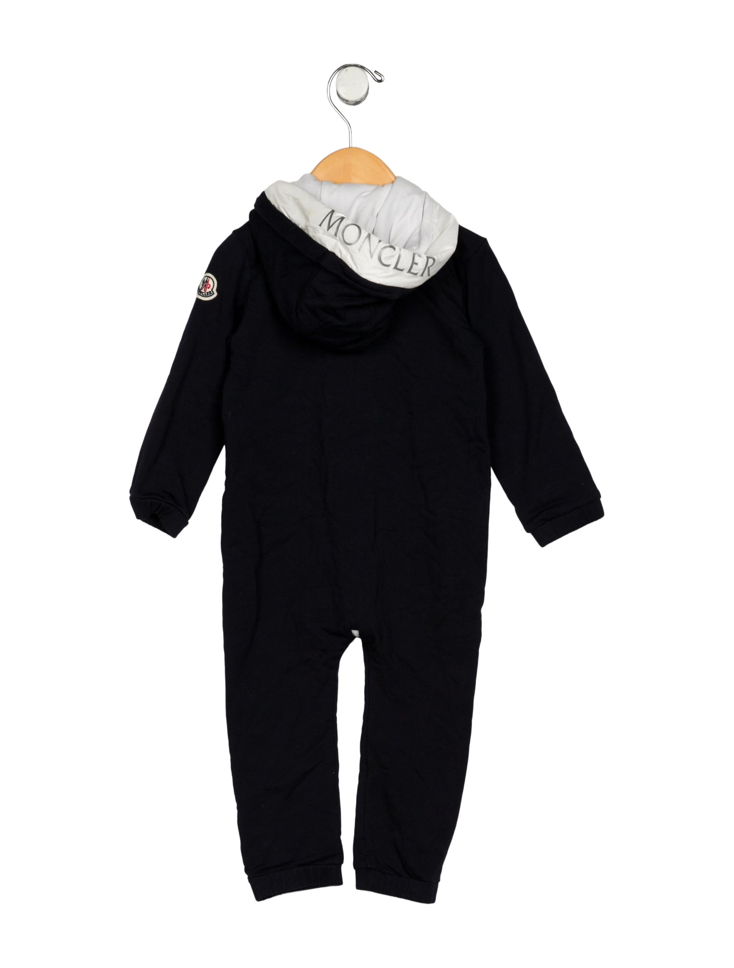 Moncler Blue and white patterned one piece with zip closure and hood