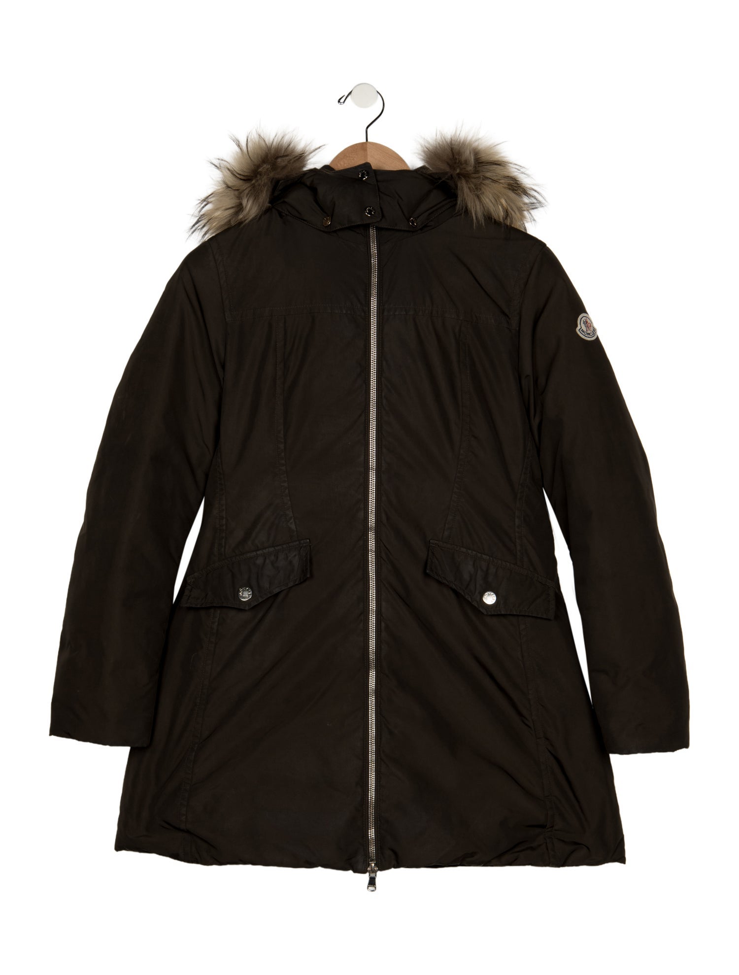 Moncler Green casual puffer jacket with fur lined trim hood and zip closure