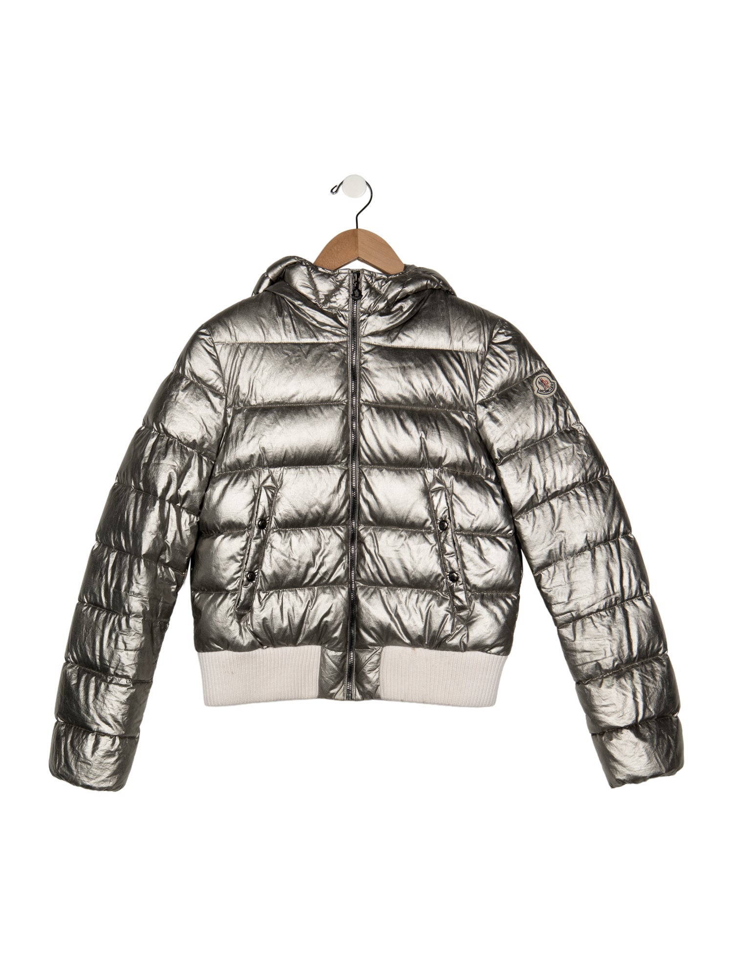 Moncler Cotton grey metallic puffer jacket with hood and zip closure