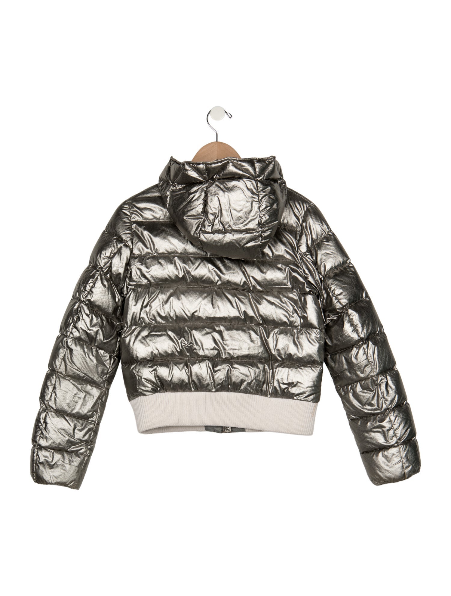 Moncler Cotton grey metallic puffer jacket with hood and zip closure