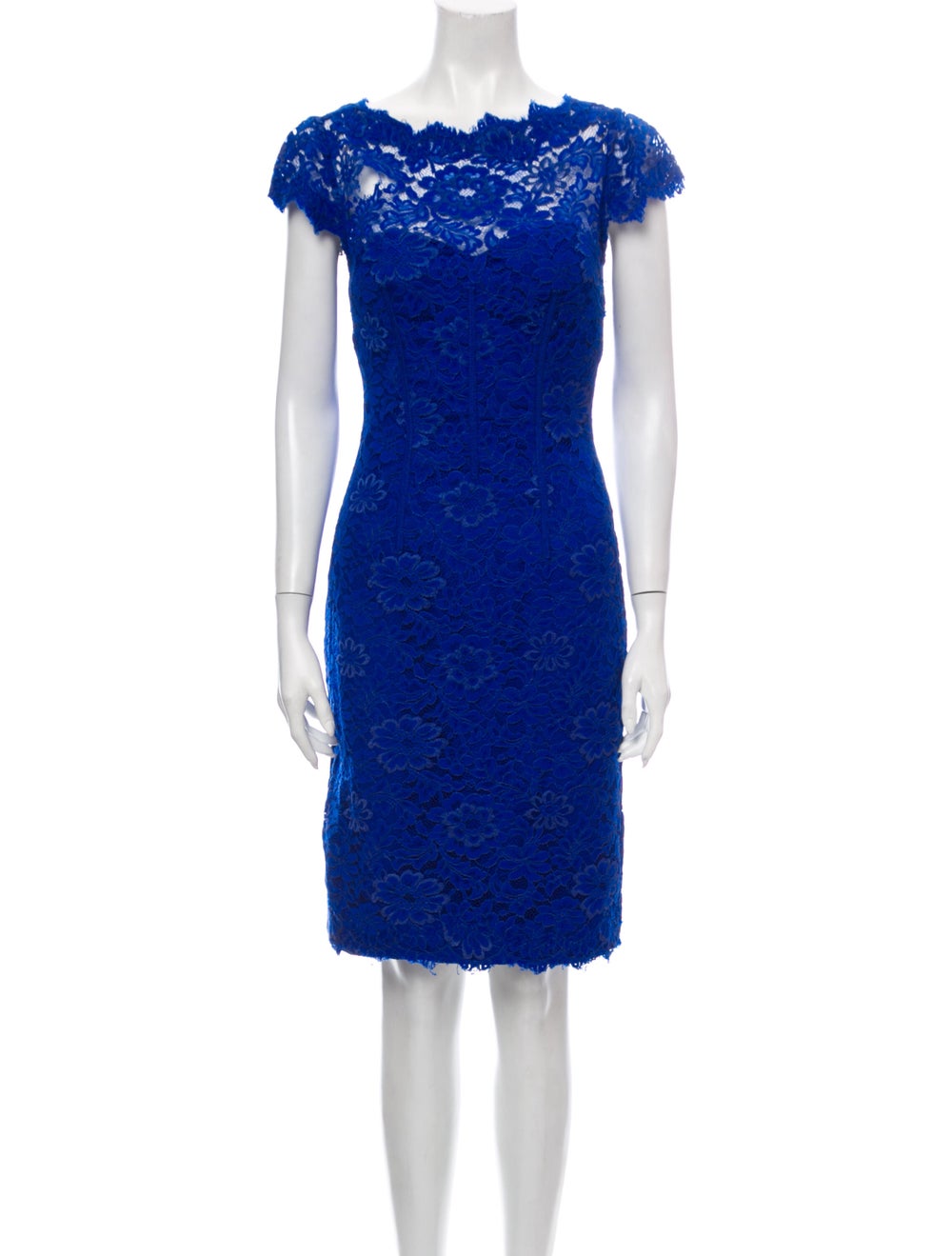 Monique Lhuillier Sheath Dress Blue Lace Trim Embellishment Short