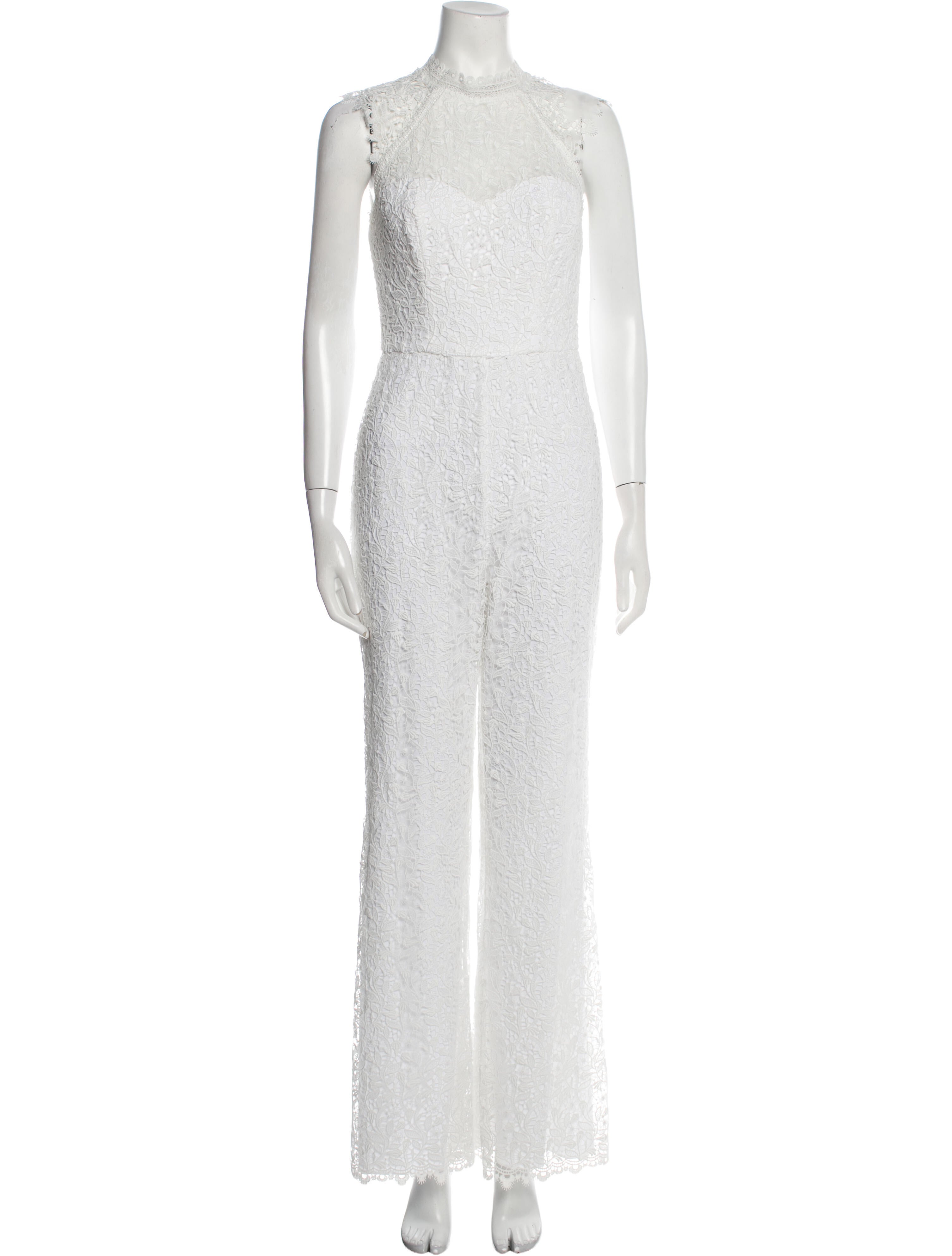 Monique Lhuillier Lace Pattern Mock Neck Jumpsuit White, 12.5" Rise