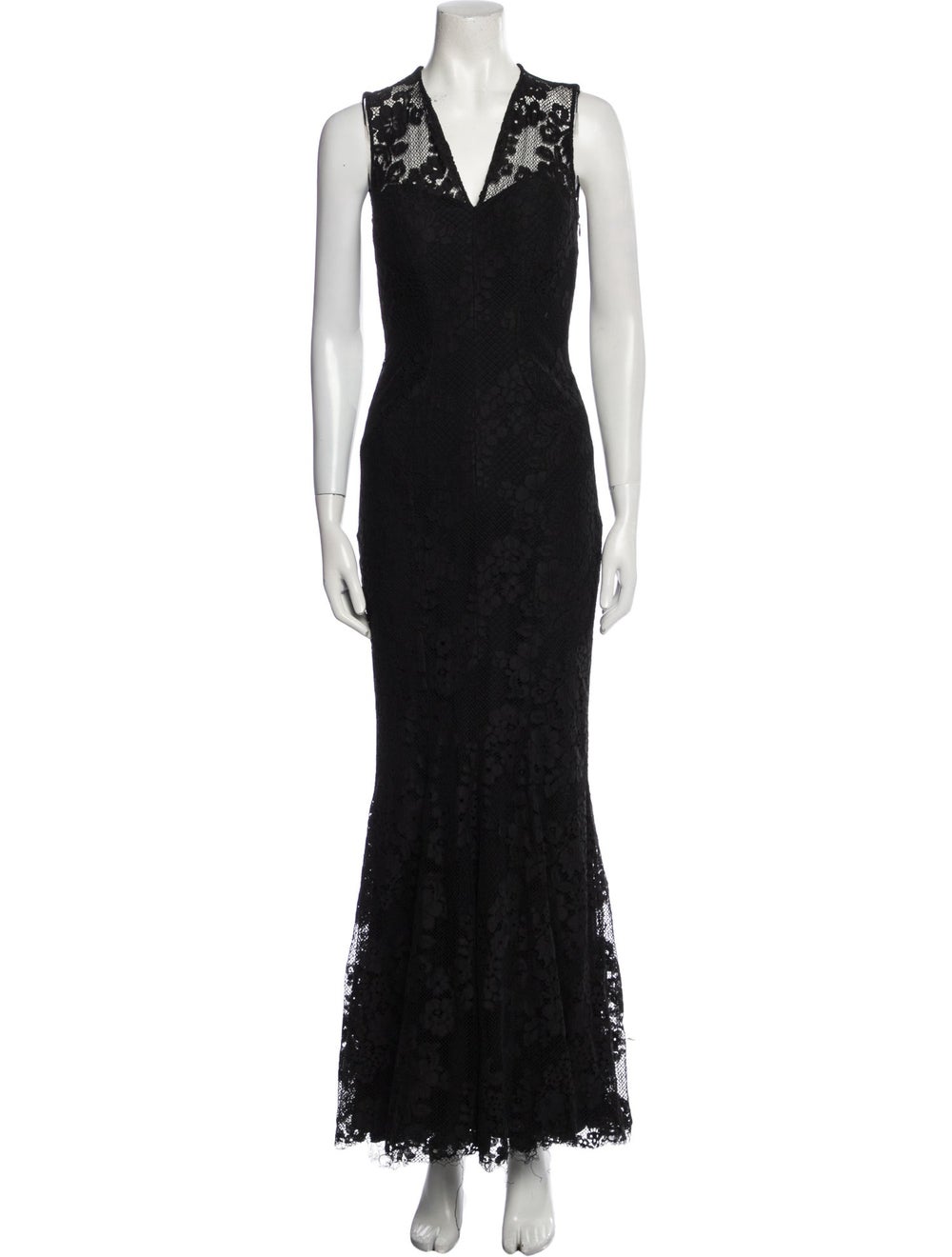 Monique Lhuillier Evening Gown Black Lace Pattern Sleeveless with V-Neck Concealed