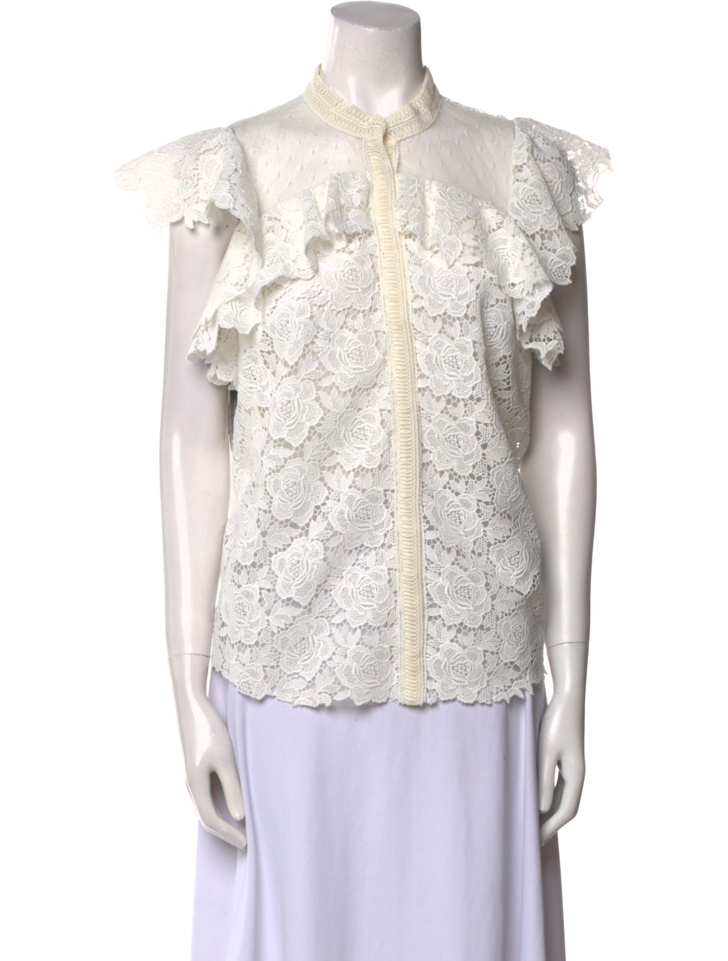 Monique Lhuillier Lace Pattern Mock Neck Button-Up Top