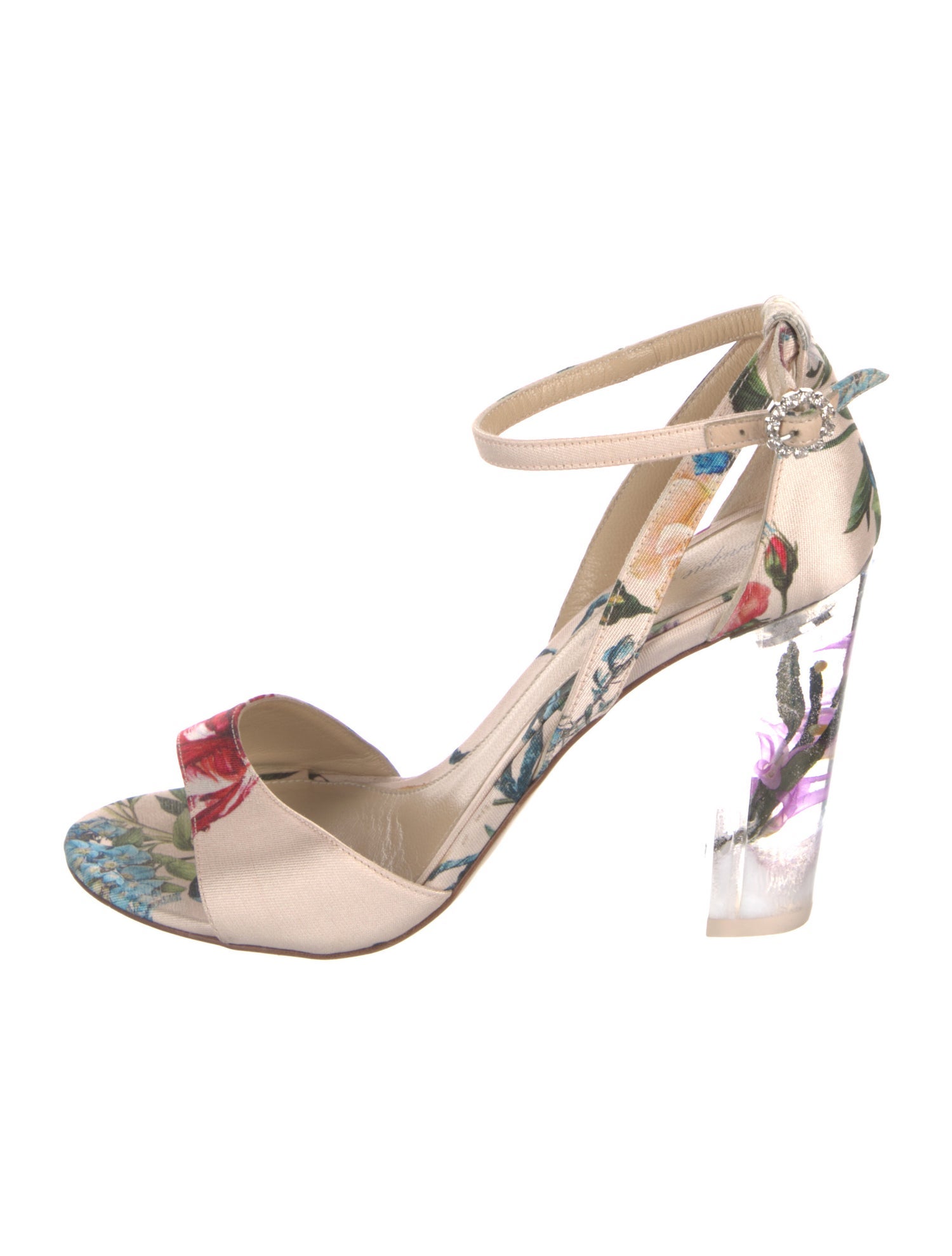 Monique Lhuillier Satin Floral Print Sandals