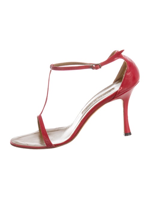 Manolo Blahnik Leather T-Strap Sandals Red