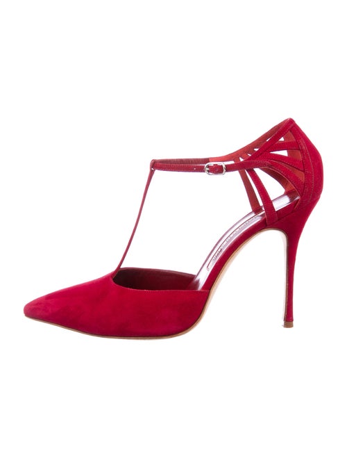 Manolo Blahnik Suede T-Strap Pumps Red