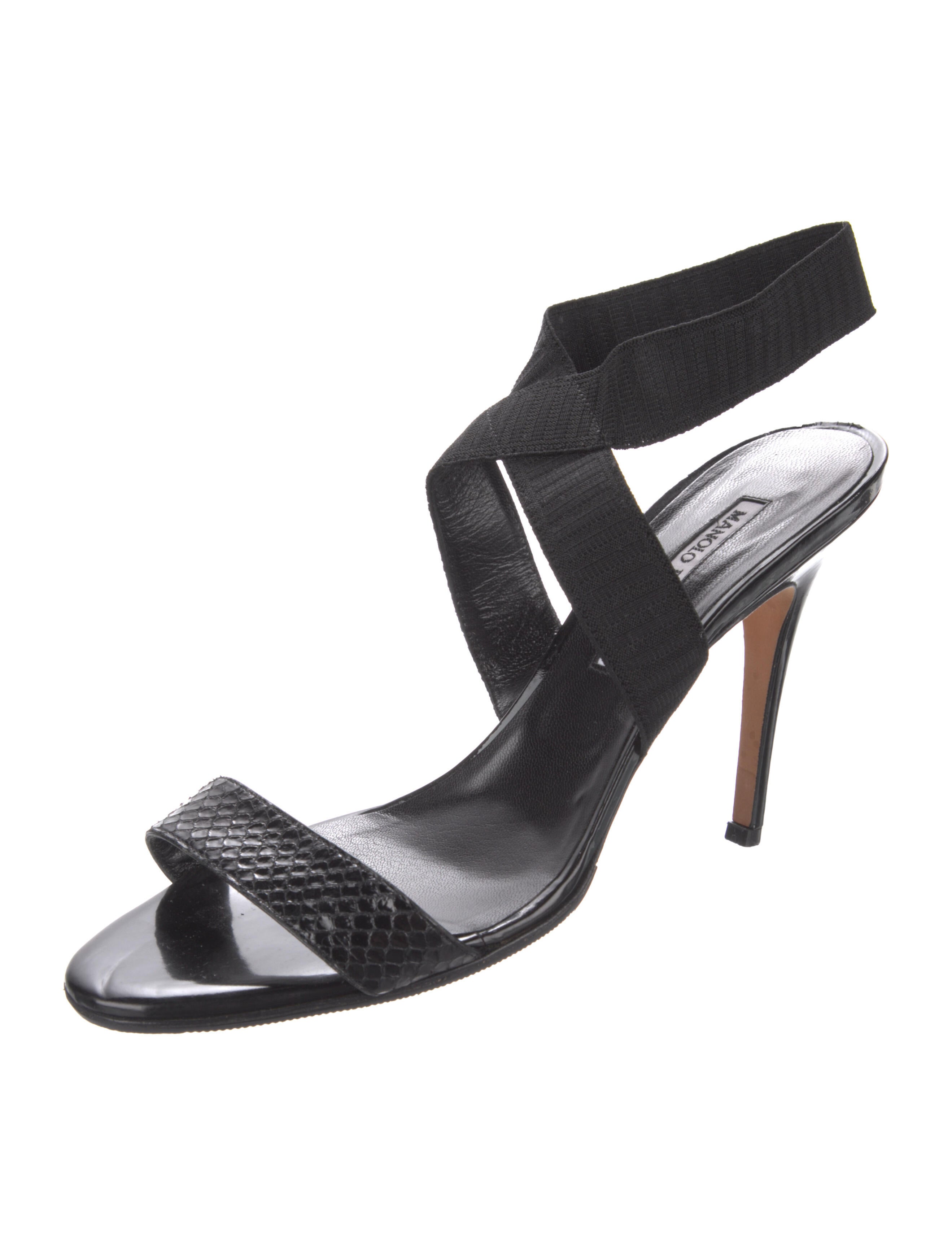 Manolo Blahnik Leather Embossed Slide Wedges Black Sandals, Shoes