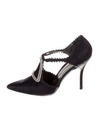 Manolo Blahnik Satin Crystal Embellishments T-Strap Pumps