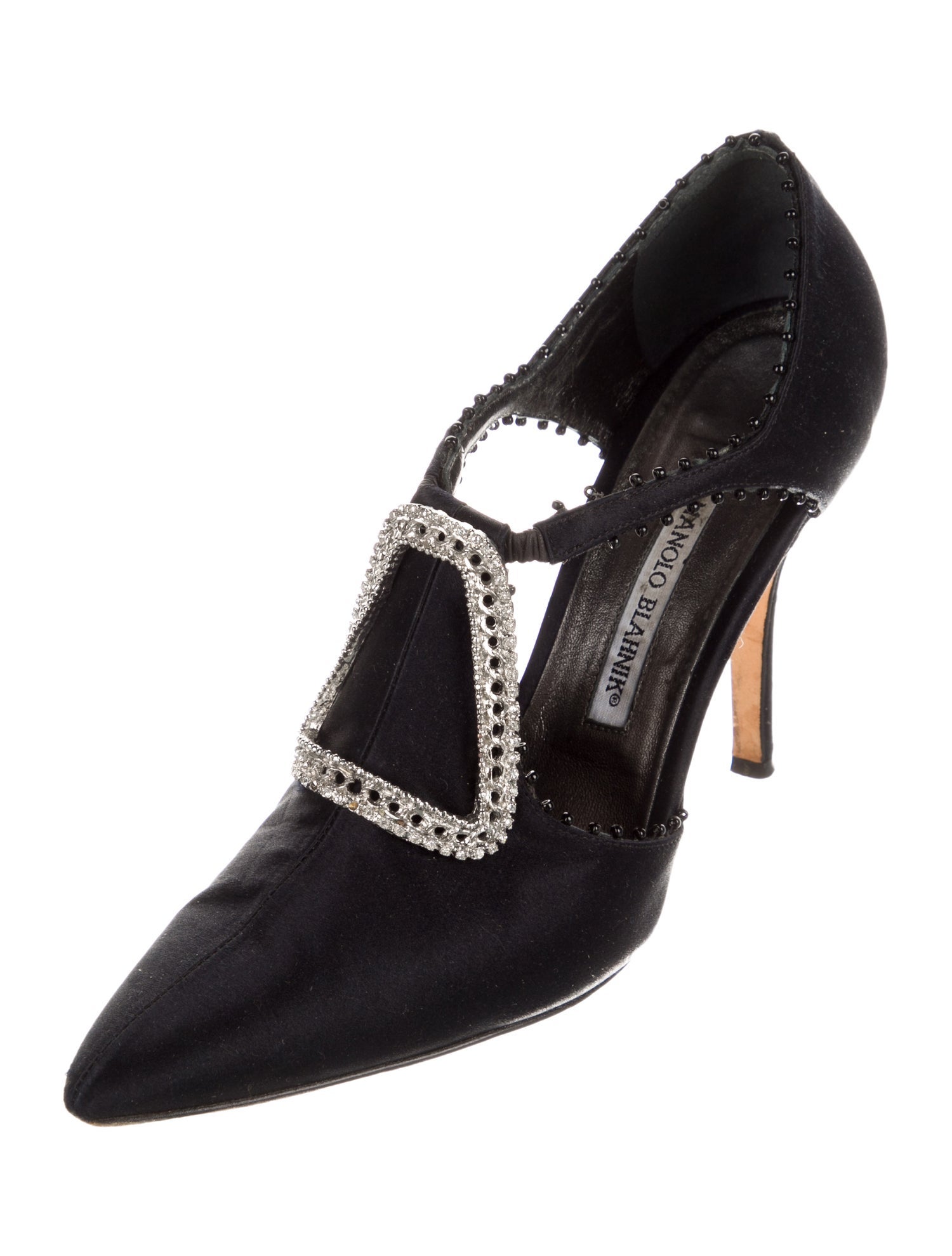 Manolo Blahnik Satin Crystal Embellishments T-Strap Pumps