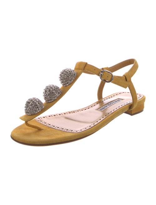 Manolo Blahnik Suede Crystal Embellishments T-Strap Sandals