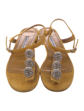 Manolo Blahnik Suede Crystal Embellishments T-Strap Sandals