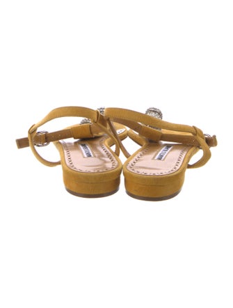 Manolo Blahnik Suede Crystal Embellishments T-Strap Sandals
