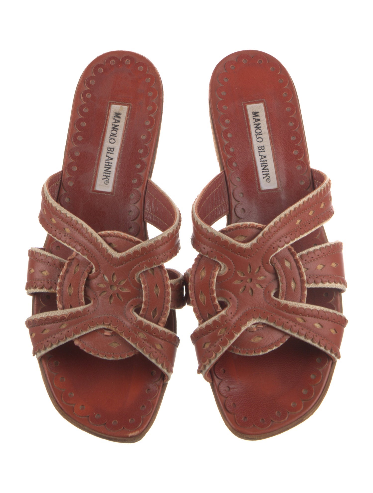 Manolo Blahnik Leather Lasercut Accents Slides - Brown Sandals