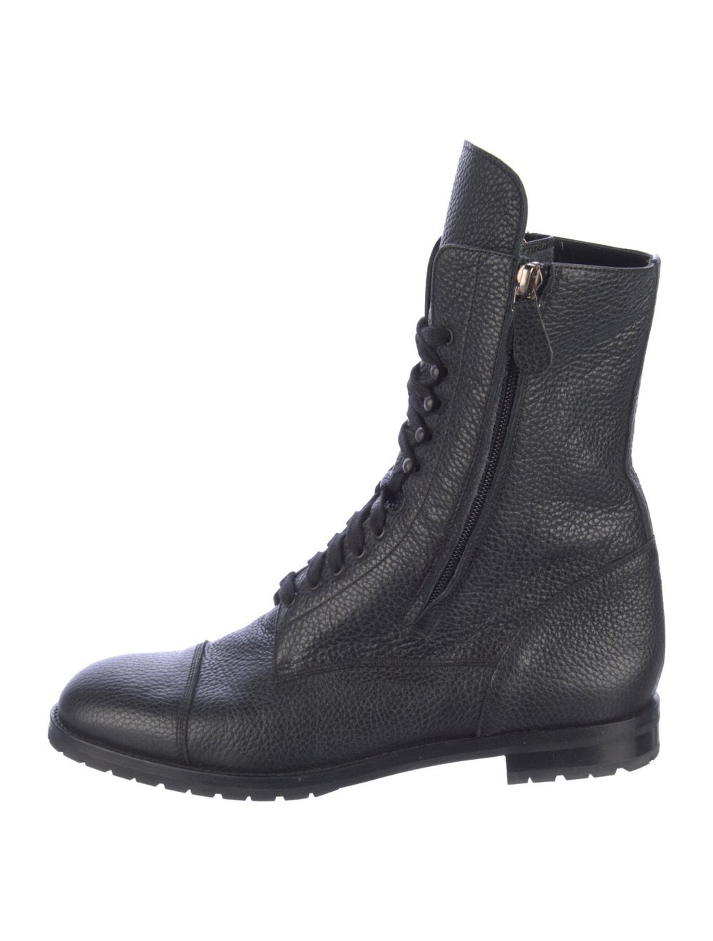 Manolo Blahnik Leather Ankle Combat Boots Black Round-Toes Wrap-Around Straps & Lace-Up Closure at Uppers