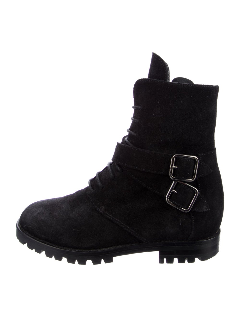 Manolo Blahnik Suede Ankle Combat Boots Black Round-Toes Wrap-Around Straps & Lace-Up Closure at Uppers