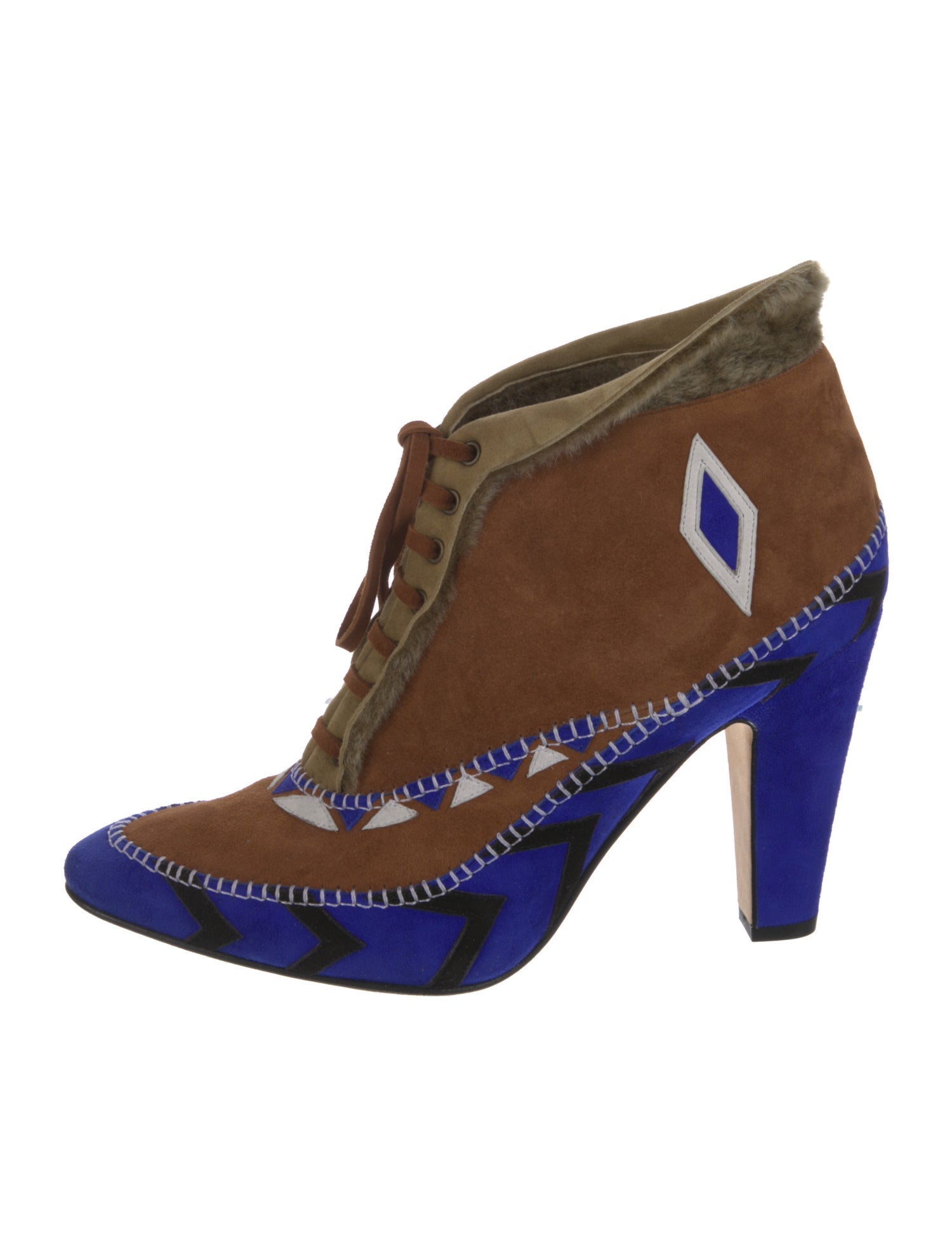 Manolo Blahnik Suede Colorblock Pattern Lace-Up Boots