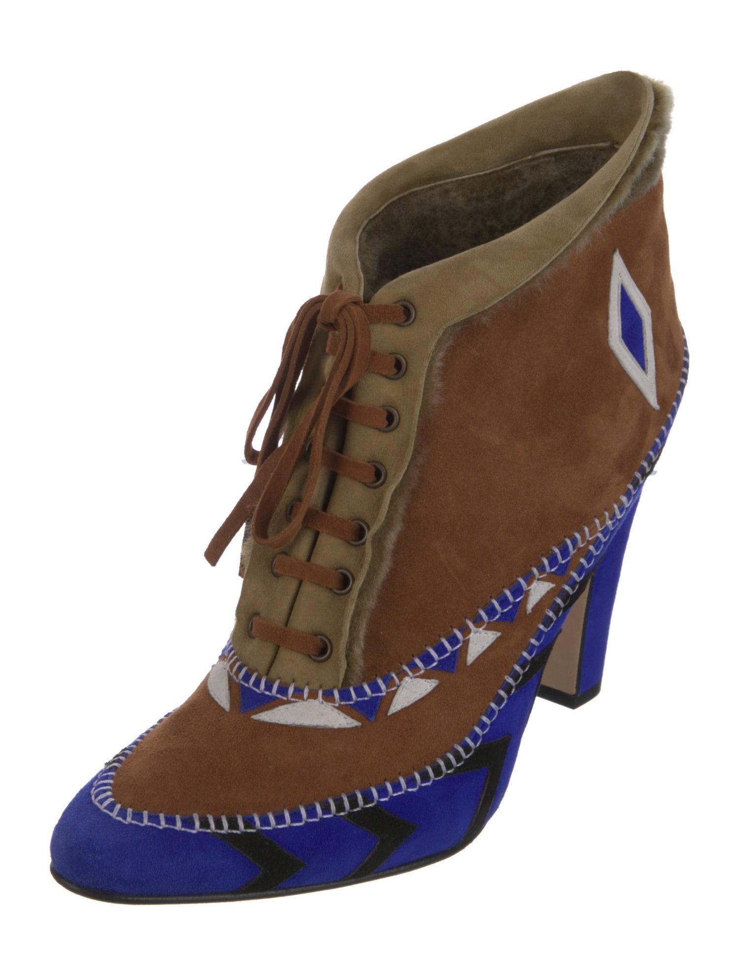 Manolo Blahnik Suede Colorblock Pattern Lace-Up Boots