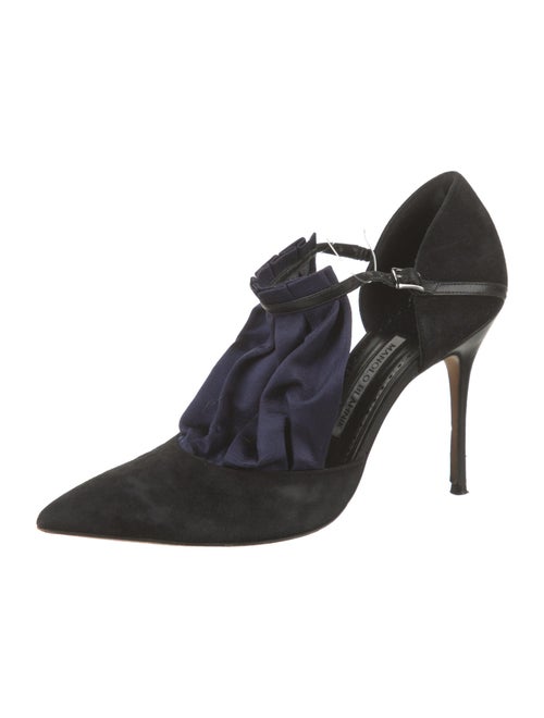 Manolo Blahnik Suede Cutout Accent T-Strap Pumps