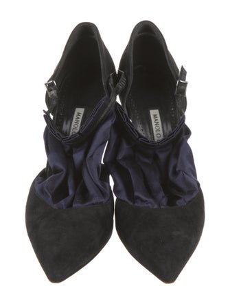 Manolo Blahnik Suede Cutout Accent T-Strap Pumps