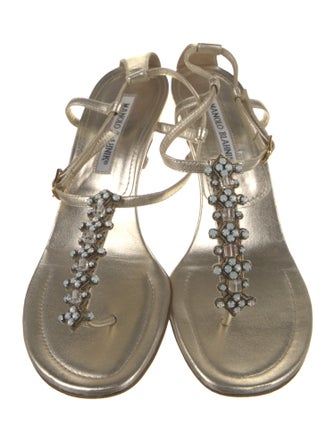 Manolo Blahnik Leather Crystal Embellishments T-Strap Sandals