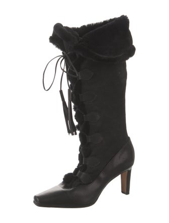 Manolo Blahnik Suede Leather Trim Embellishment Lace-Up Boots