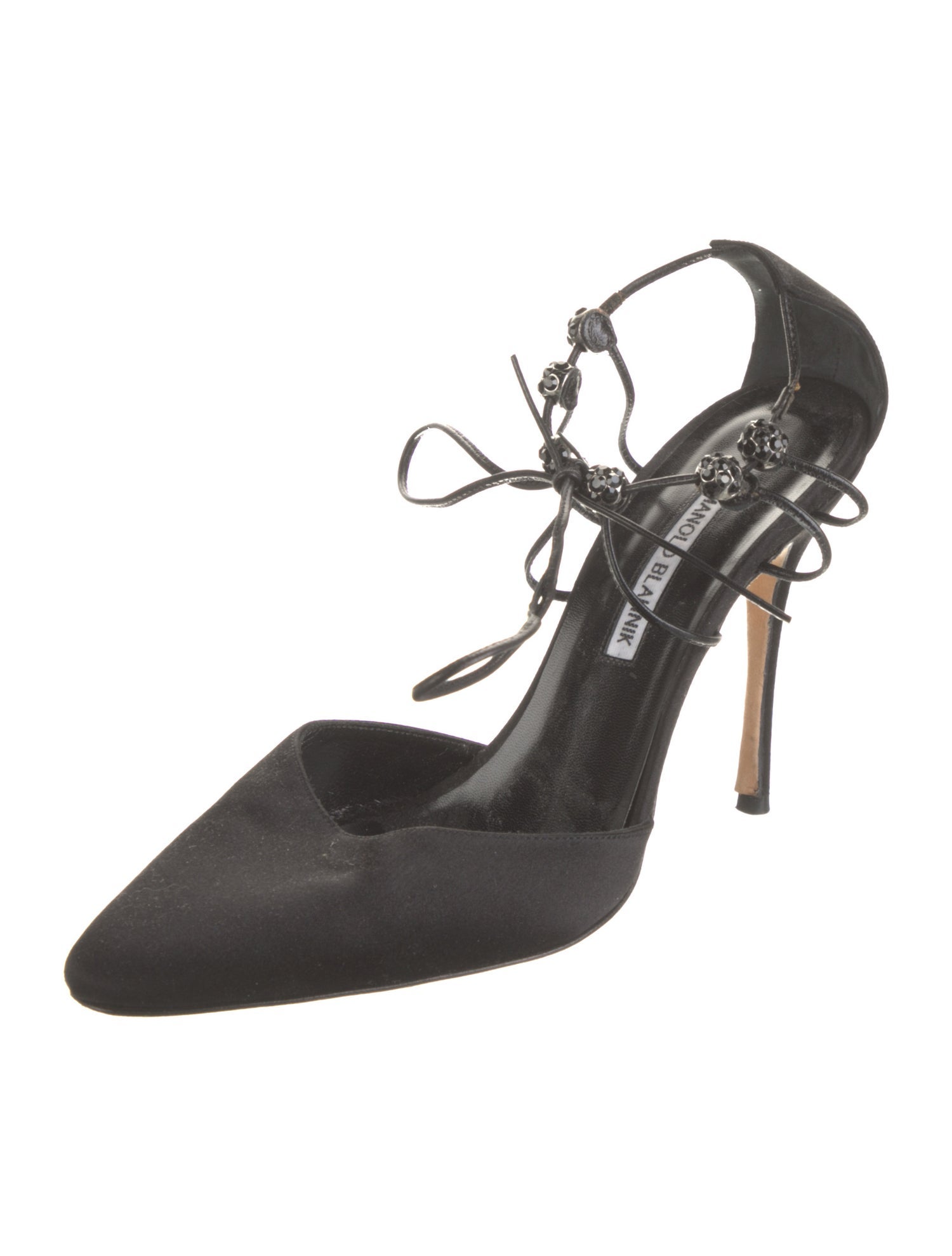 Manolo Blahnik Satin Studded Accents T-Strap Pumps