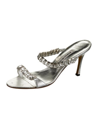 Manolo Blahnik Leather Crystal Embellishments Slides