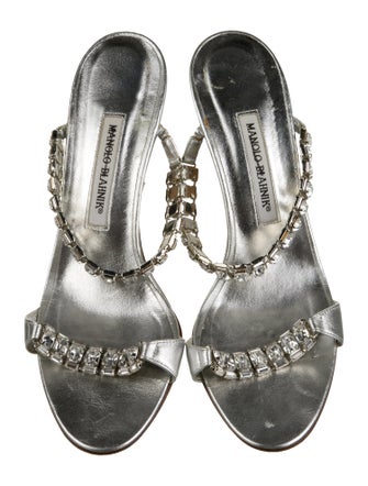 Manolo Blahnik Leather Crystal Embellishments Slides