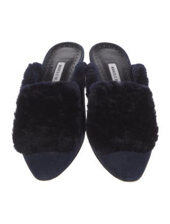 Manolo Blahnik Suede Fur Trim Mules