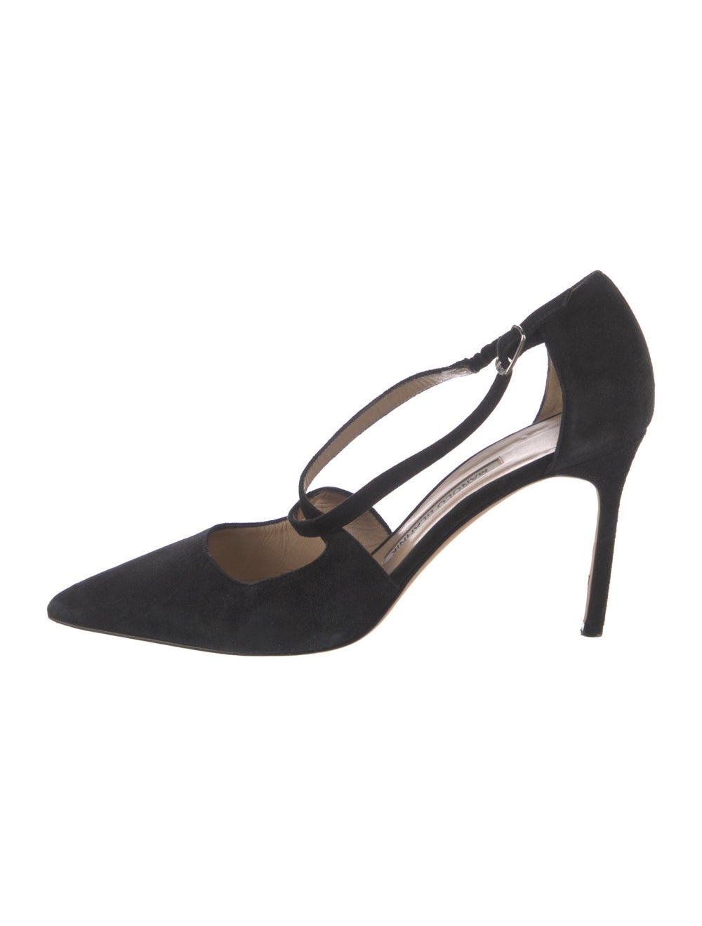 Manolo Blahnik Suede T-Strap Pumps Black Semi-Pointed Toes Straps