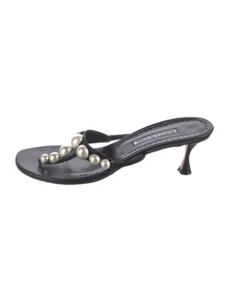 Manolo Blahnik Faux Pearl Accents Leather Slides