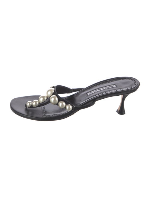 Manolo Blahnik Faux Pearl Accents Leather Slides