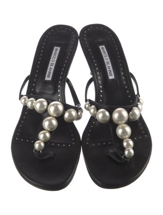 Manolo Blahnik Faux Pearl Accents Leather Slides