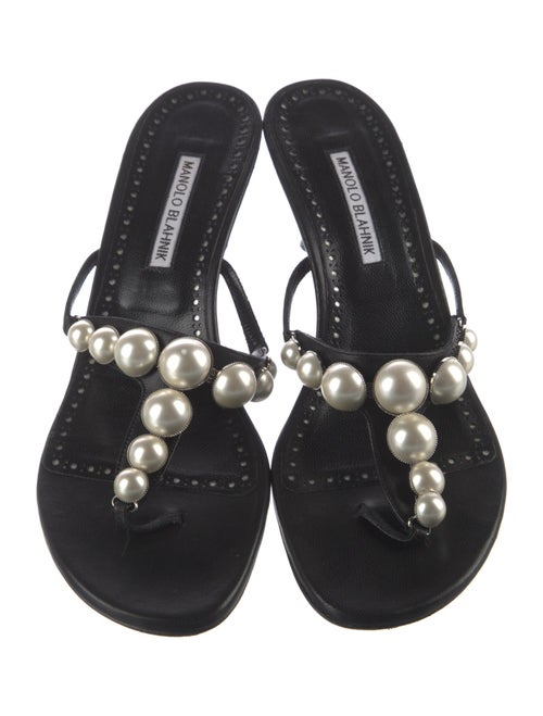 Manolo Blahnik Faux Pearl Accents Leather Slides