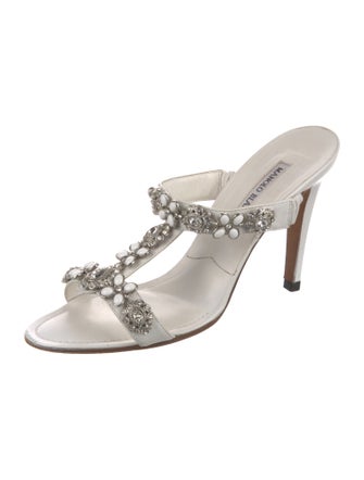 Manolo Blahnik Leather Crystal Embellishments Slides