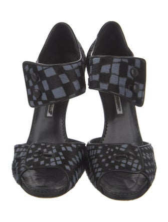 Manolo Blahnik Ponyhair Plaid Print Sandals